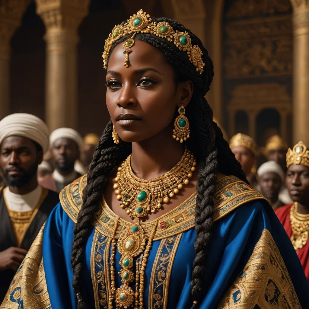 a woman in a blue dress with gold jewelry and a crown on her head and other people in the background, afrofuturism, a detailed matte painting, Chinwe Chukwuogo-Roy, regal