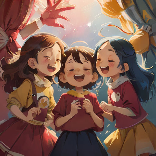 three girls laughing together in front of a window with a bird flying overhead and a red curtain in the background