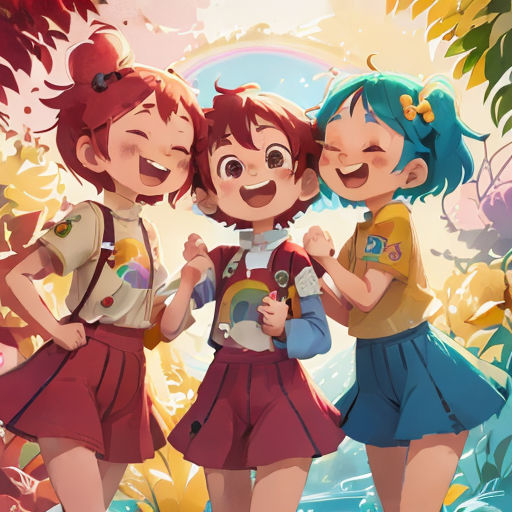 three girls standing next to each other in front of a tree and a rainbow in the background with a rainbow