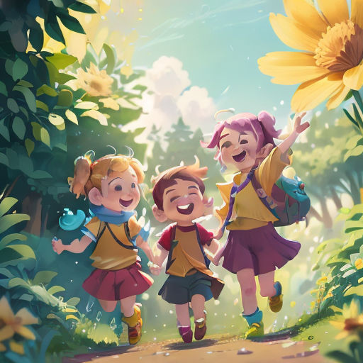three children are walking through a sunflower field together, with a backpack on their back and a backpack on their shoulder
