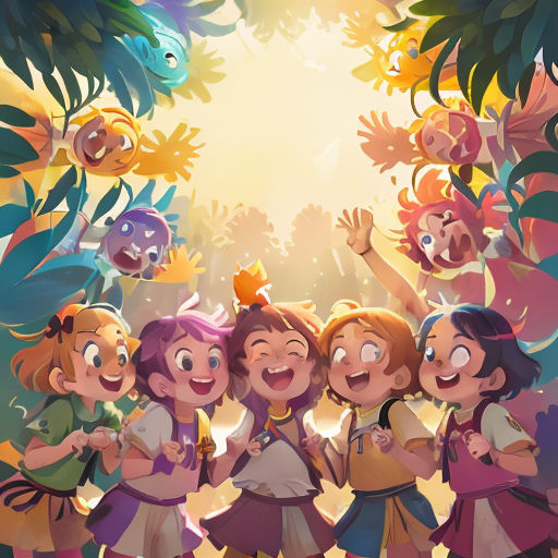 a group of children standing in front of a forest with birds and plants on it, and the words, happy birthday