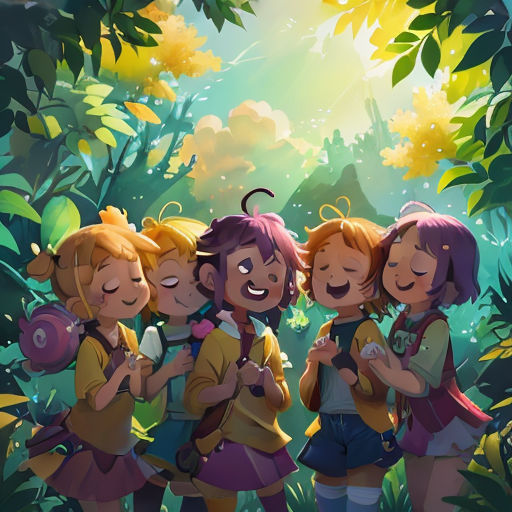 a group of young girls standing in front of a forest with trees and leaves on the ground, with a sun shining through the trees