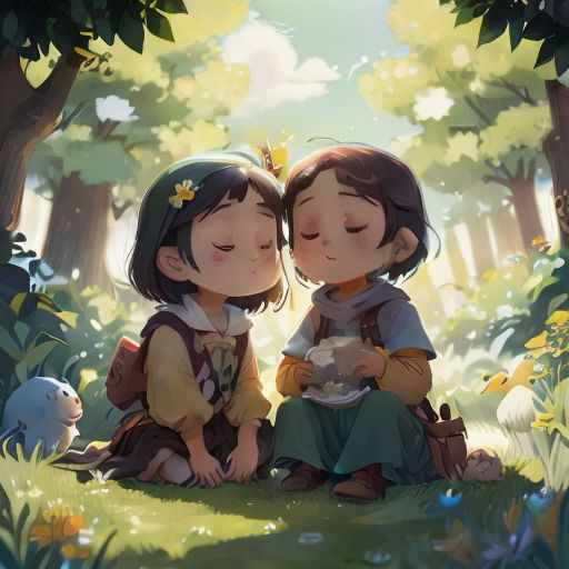 two children sitting on the ground in the woods with a cat and a bird in their hands, one of them is kissing the other