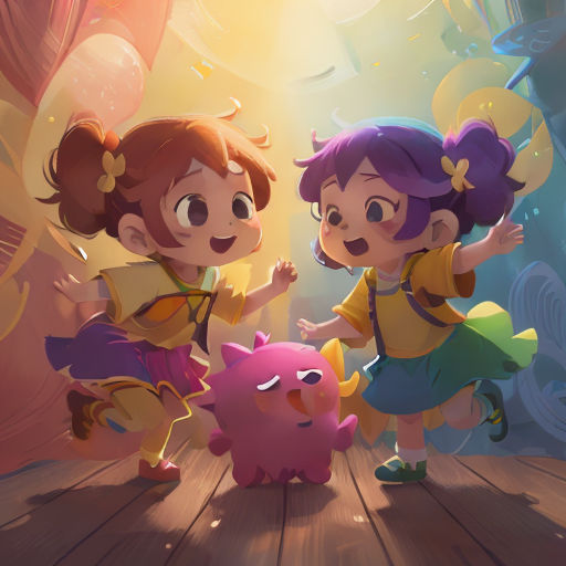 two little girls standing next to a pink pig on a wooden floor in a room with a light coming through the window