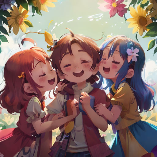 three girls are hugging and smiling while standing under a tree with flowers in the background and a sky with clouds