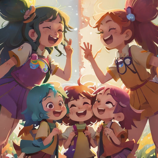 a group of girls standing next to each other in front of a window with a sky background and a sun shining