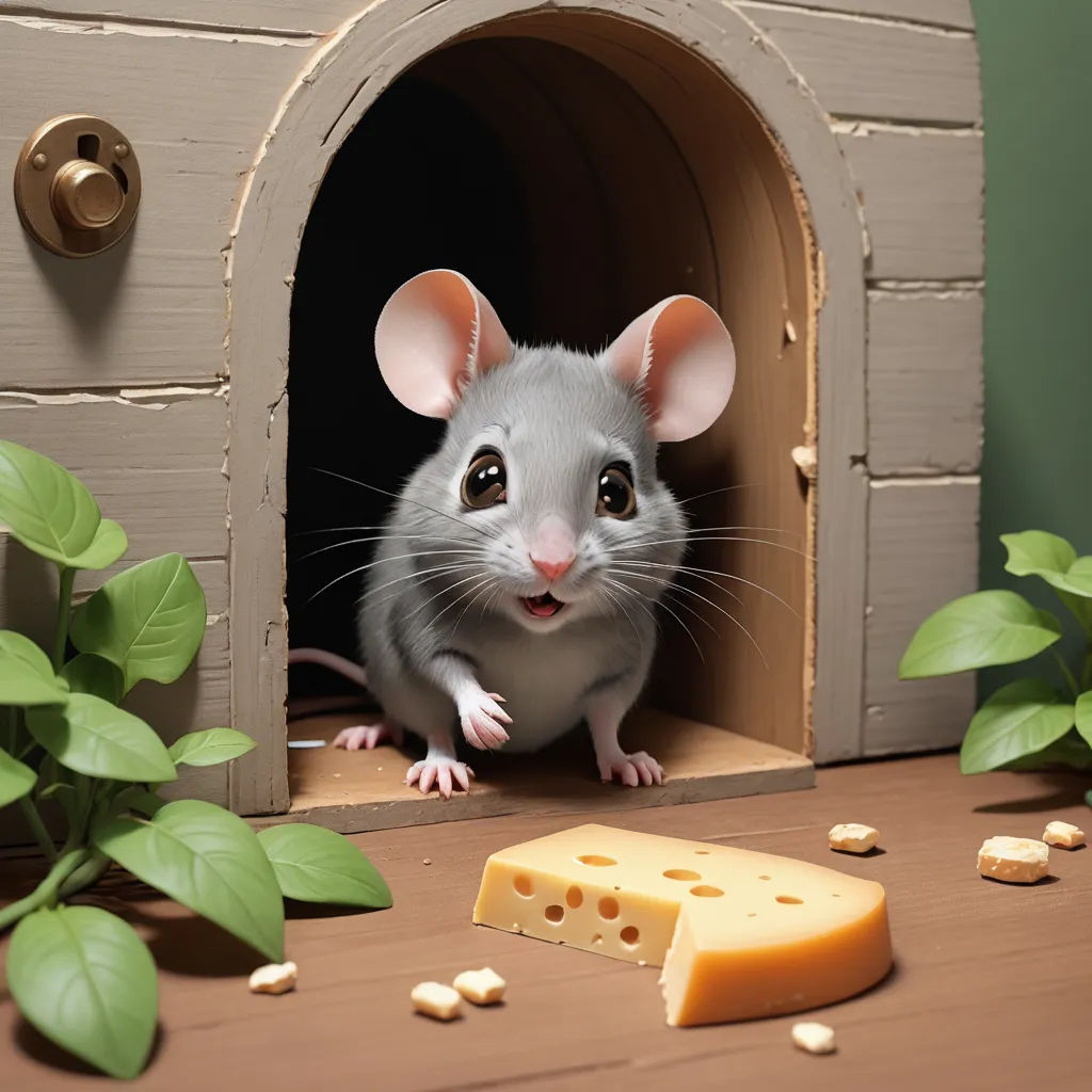 a mouse sitting in a small house with a piece of cheese on the floor next to it and a green plant, photorealism, a 3D render, Brian Despain, cgstudio