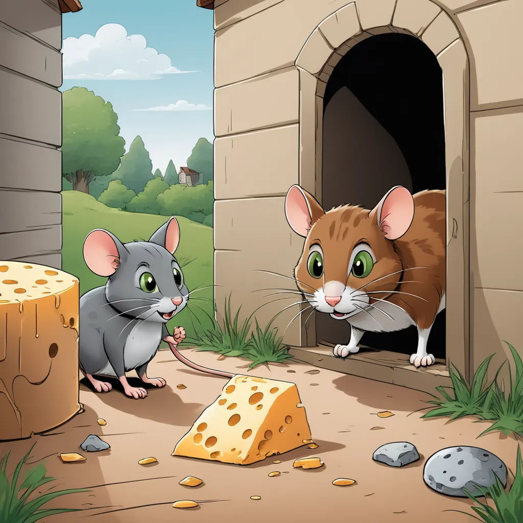 a mouse and a mouse in a house with cheese on the ground and a house with a mouse on the ground, sots art, a storybook illustration, Art Spiegelman, storybook illustration