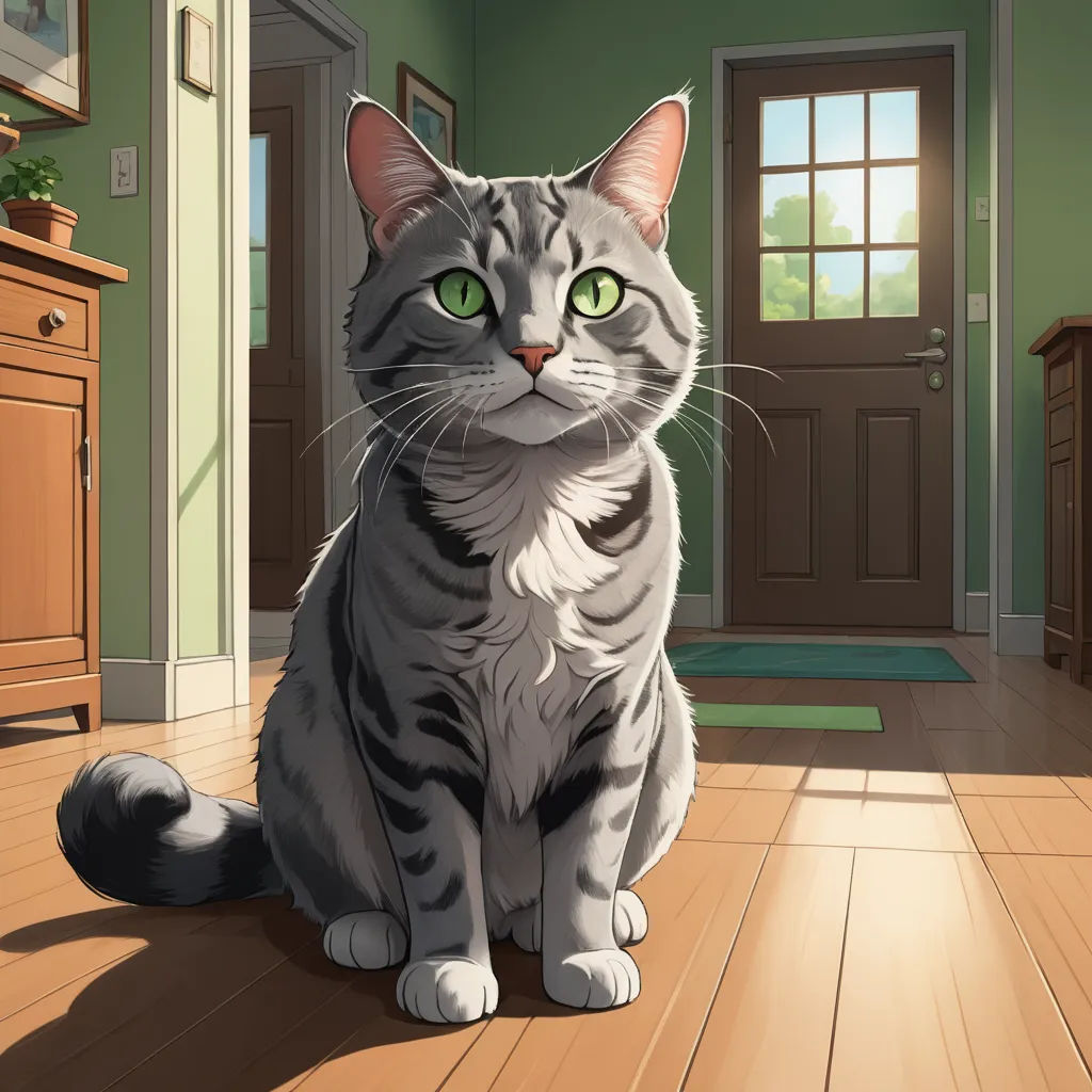 a cat sitting on a wooden floor in a room with a door and a rug on the floor and a door way, sots art, a character portrait, Felix Octavius Carr Darley, rossdraws global illumination