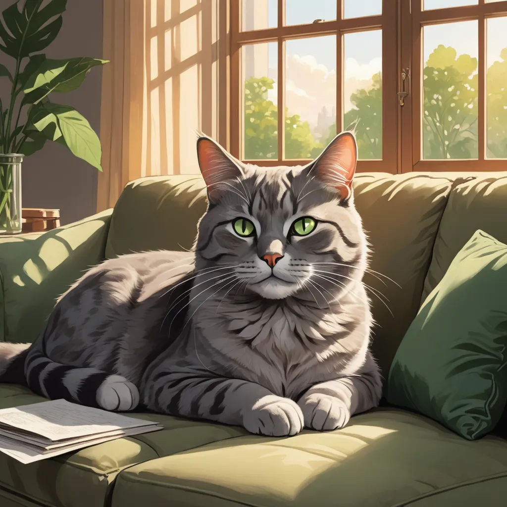 a cat sitting on a couch with a book and a plant in the background, in a room with windows, photorealism, a storybook illustration, Chris LaBrooy, ultra realistic illustration
