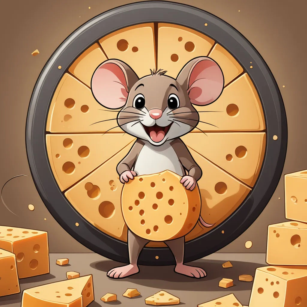 a mouse standing in front of a wheel of cheese with cheese cubes around it and a pile of cheese cubes, sots art, a storybook illustration, Chris LaBrooy, 2 d game art