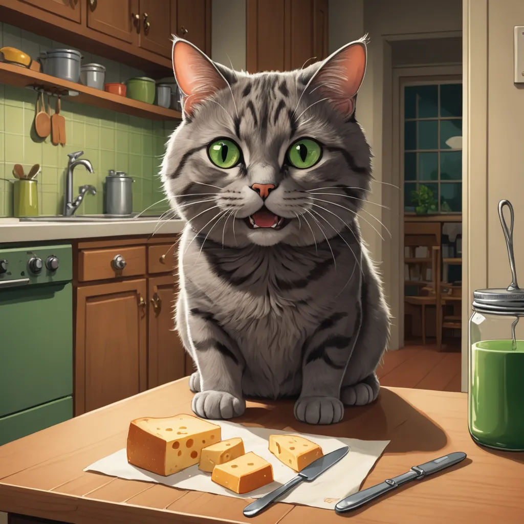 a cat sitting on a table with cheese on it and a knife and fork next to it, with a jar of green liquid in the background, furry art, a storybook illustration, Chris Rallis, game art