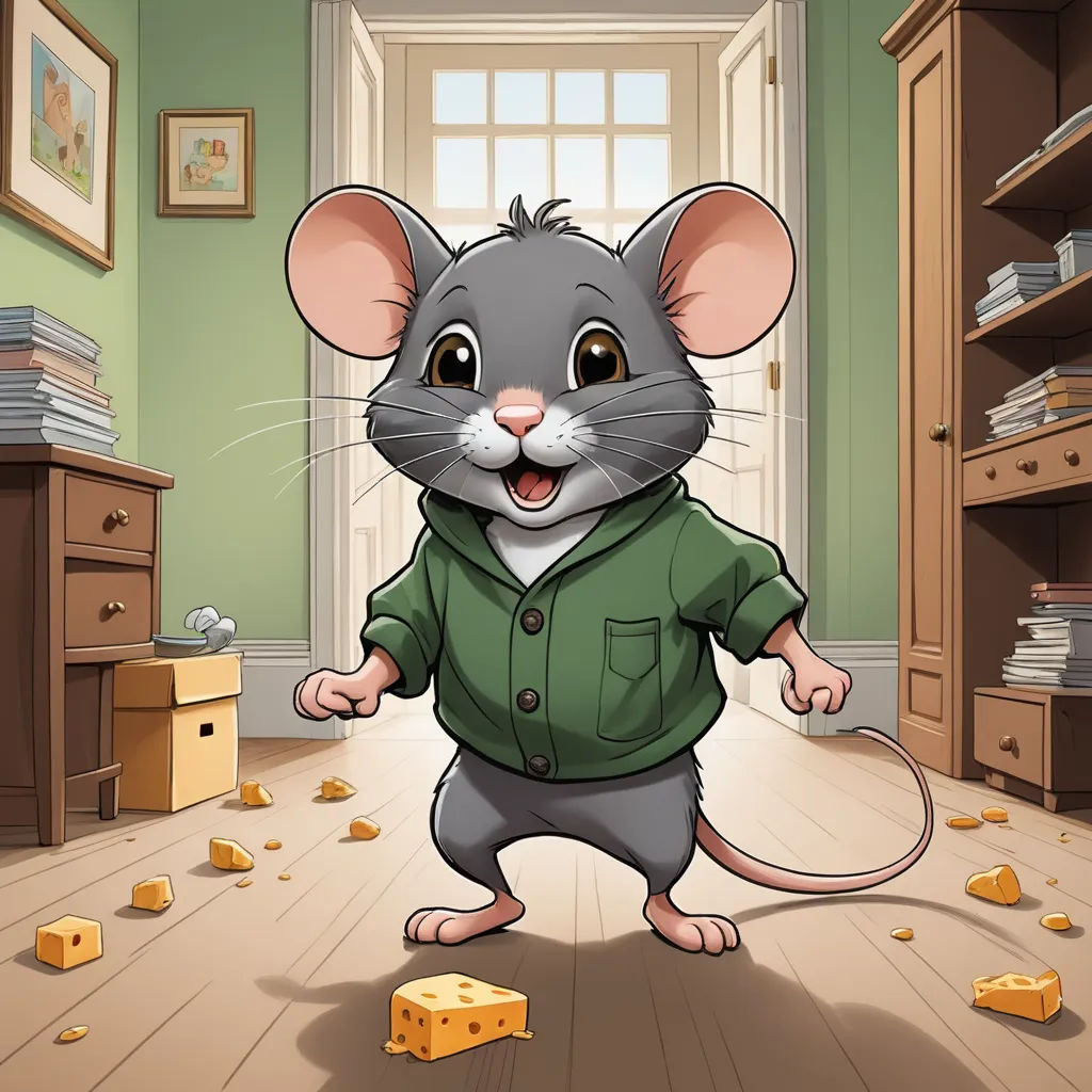 a cartoon mouse in a green shirt standing in a room with a bunch of cheese on the floor and a door, sots art, a character portrait, Beatrix Potter, character portrait