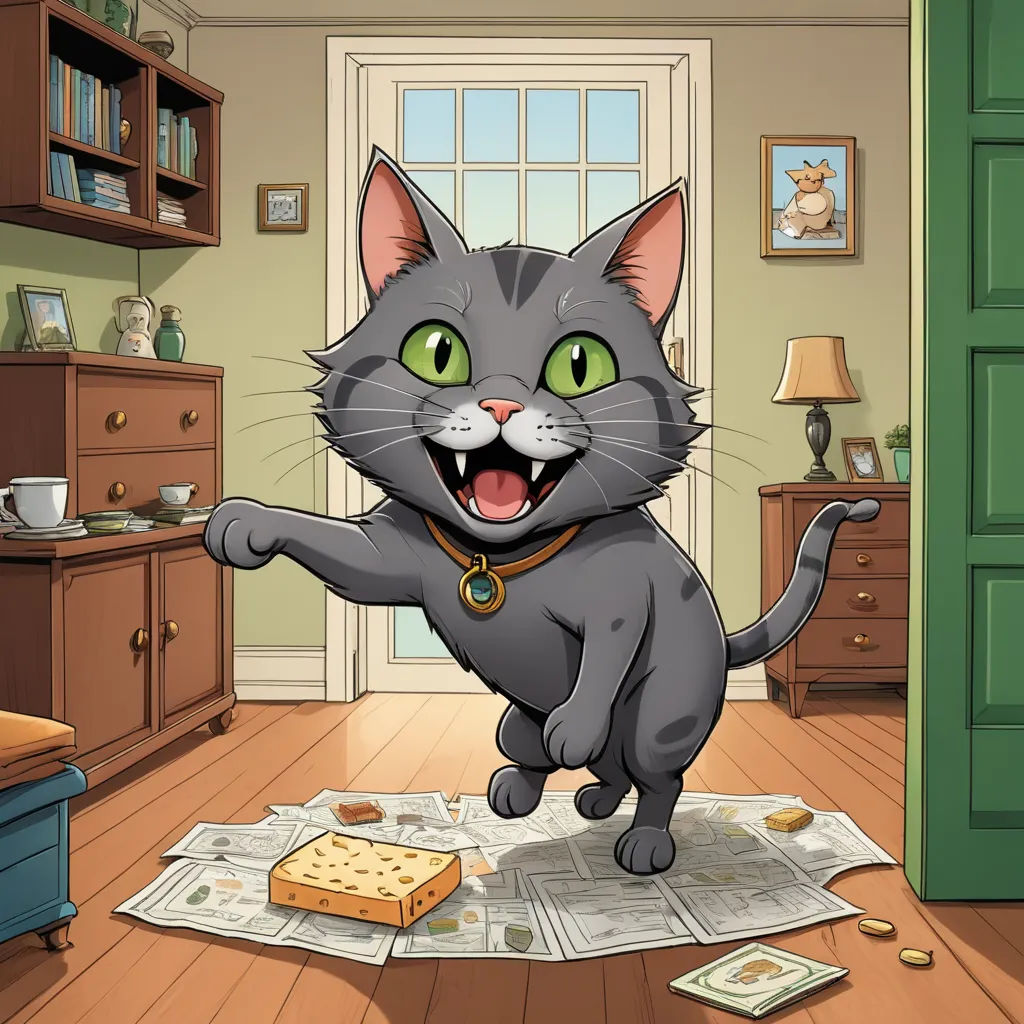 a cat is standing on a rug in a room with a door and a table with a laptop on it, sots art, a character portrait, Ada Gladys Killins, promotional image