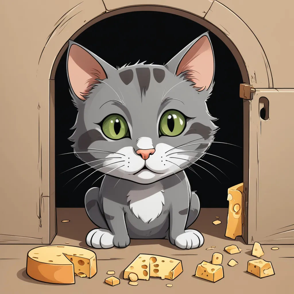 a cat sitting in a doorway with cheese around it and a piece of cheese on the floor next to it, sots art, a character portrait, Ada Gladys Killins, game art