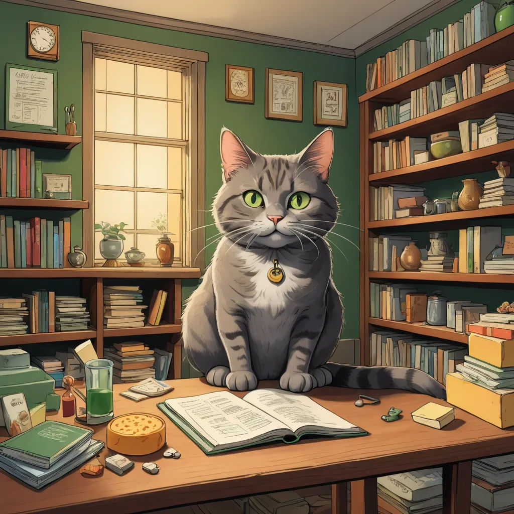 a cat sitting on a desk in a room with books and a clock on the wall behind it and a bookcase full of books, academic art, a storybook illustration, Chris Rallis, game art