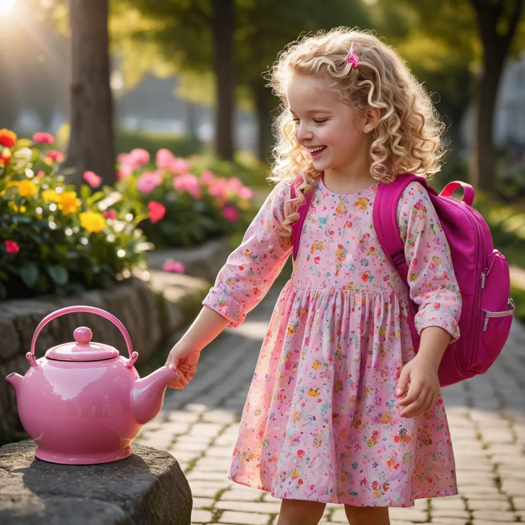 a little girl in a pink dress is holding a pink tea pot and a pink backpack and a pink backpack, arts and crafts movement, a stock photo, Alice Prin, award - winning photography