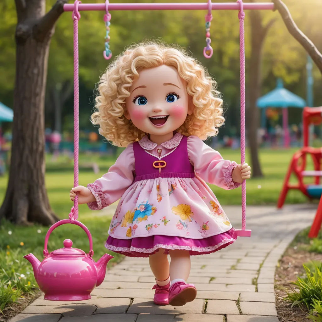 a doll is swinging on a swing set in a park with a pink teapot and pink shoes on, photorealism, a stock photo, Alice Prin, toy