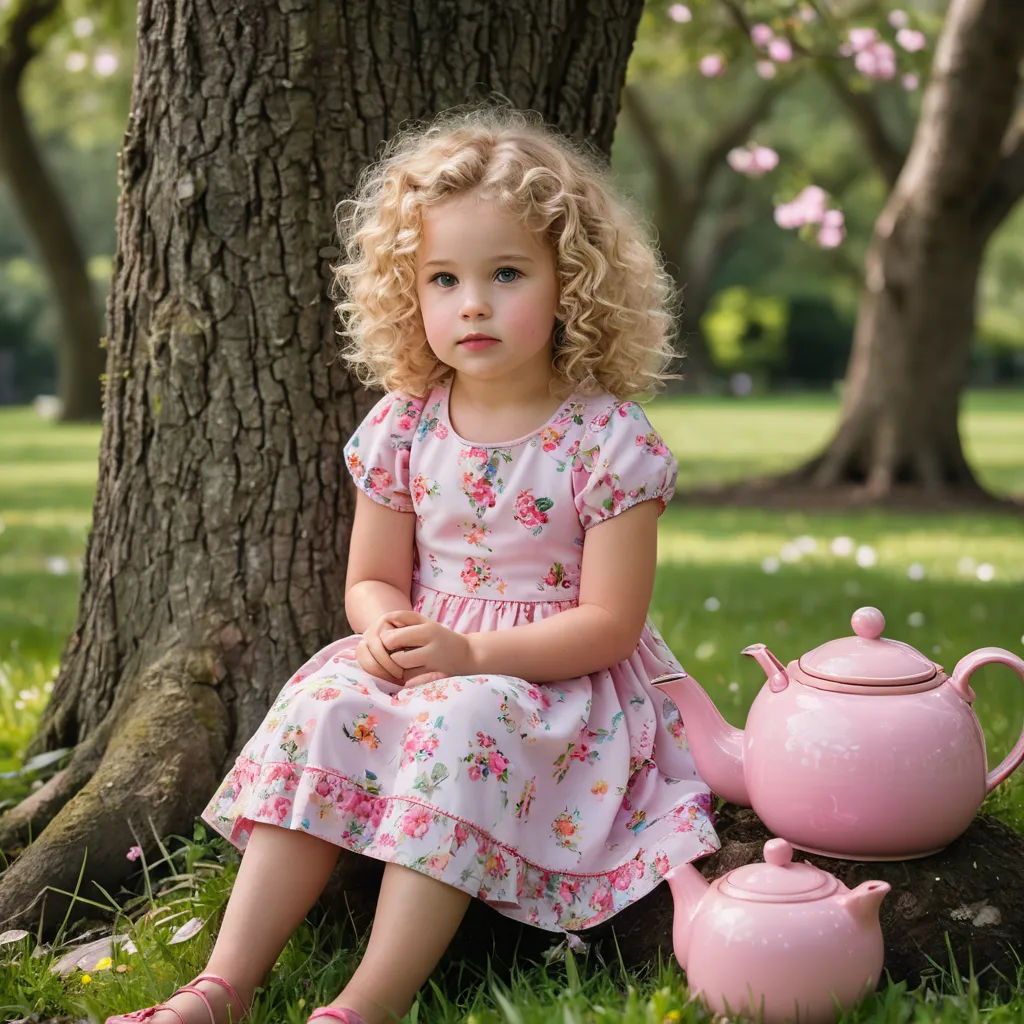 a little girl sitting in the grass next to a tree with a tea pot and tea kettle on it, art photography, a storybook illustration, Annabel Kidston, portrait photography