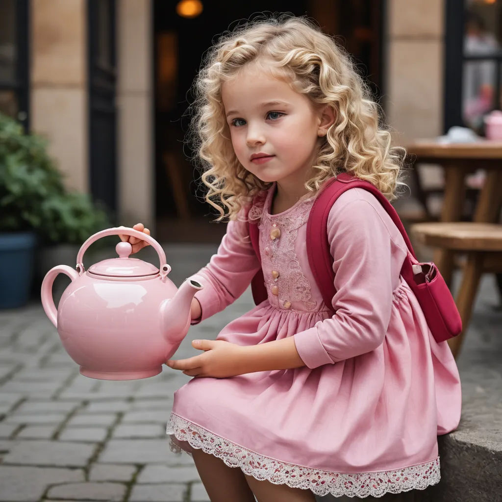 a little girl in a pink dress holding a pink teapot and a pink purse on a brick sidewalk, arts and crafts movement, a storybook illustration, Christian Hilfgott Brand, promotional image