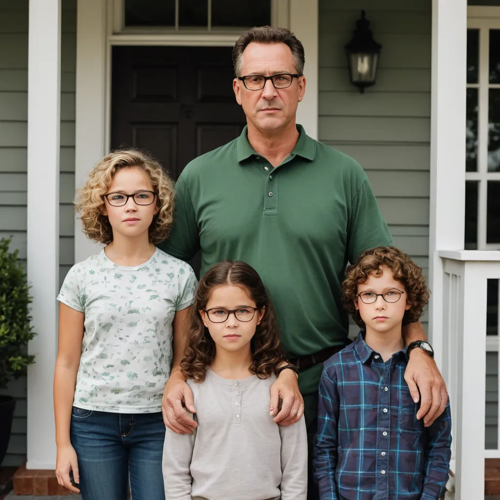 a man and two children standing in front of a house with a man in a green shirt and glasses, american scene painting, a character portrait, Clark Voorhees, promotional image