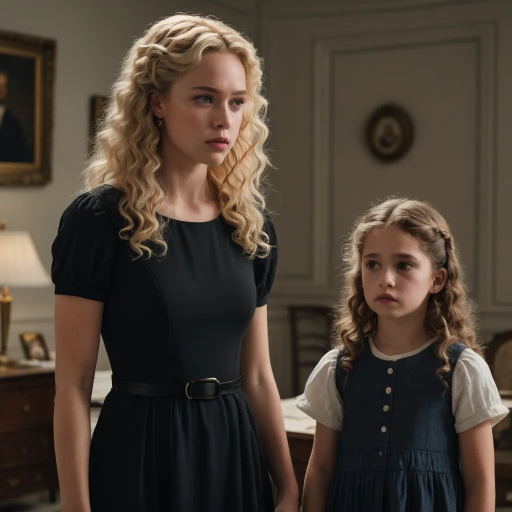 a woman and a girl standing in a room together, one of them is wearing a black dress and the other is a white shirt, aestheticism, a character portrait, Anne Said, movie still