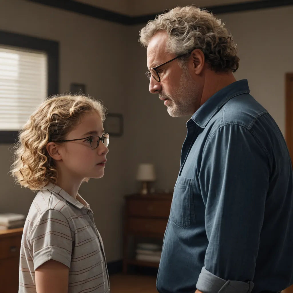 a man and a little girl standing in a room together looking at each other with a serious look on their face, american scene painting, a poster, Douglas Shuler, promotional image