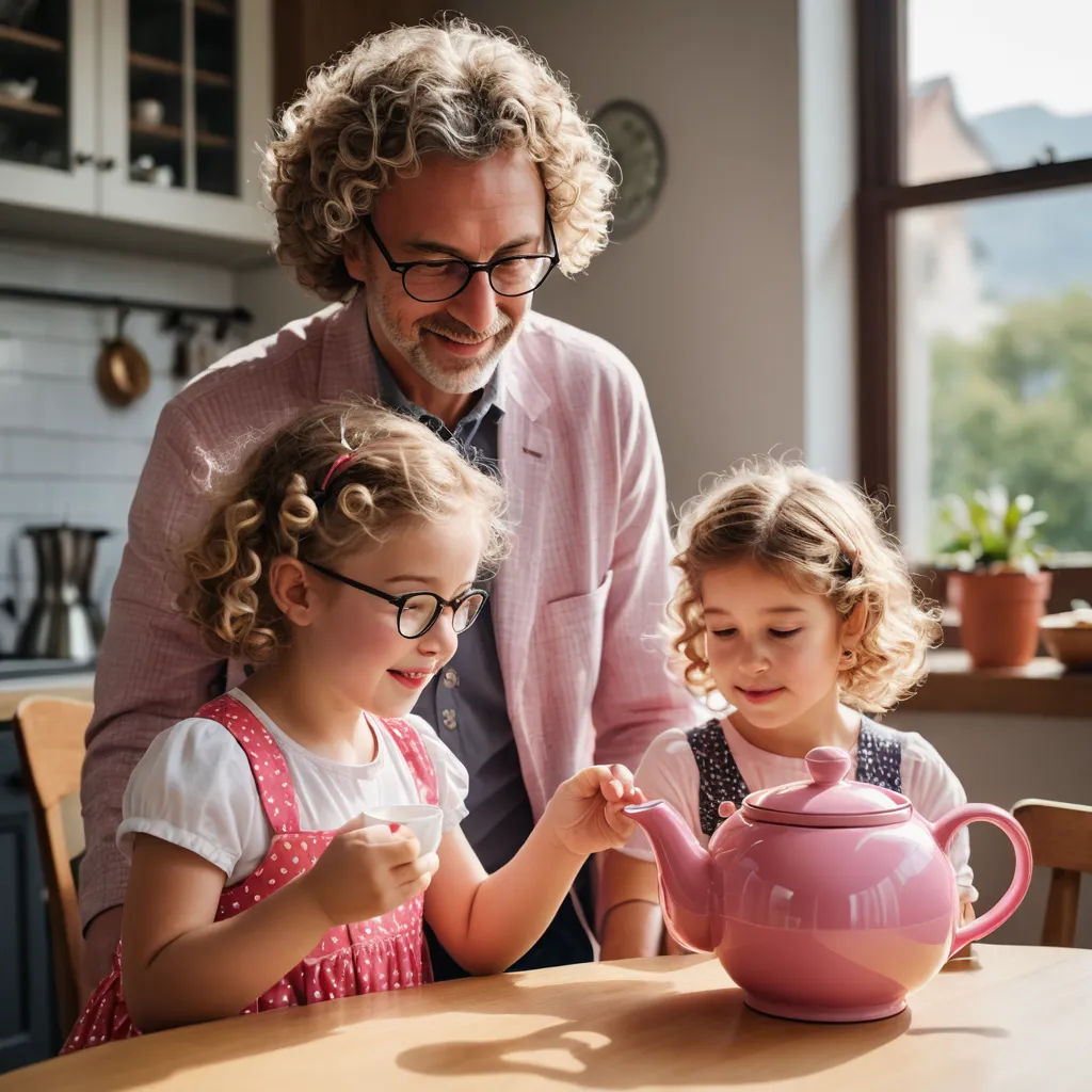 a man and two little girls are playing with a teapot on a table in a kitchen with a window, dada, a stock photo, Christian Hilfgott Brand, professional food photography