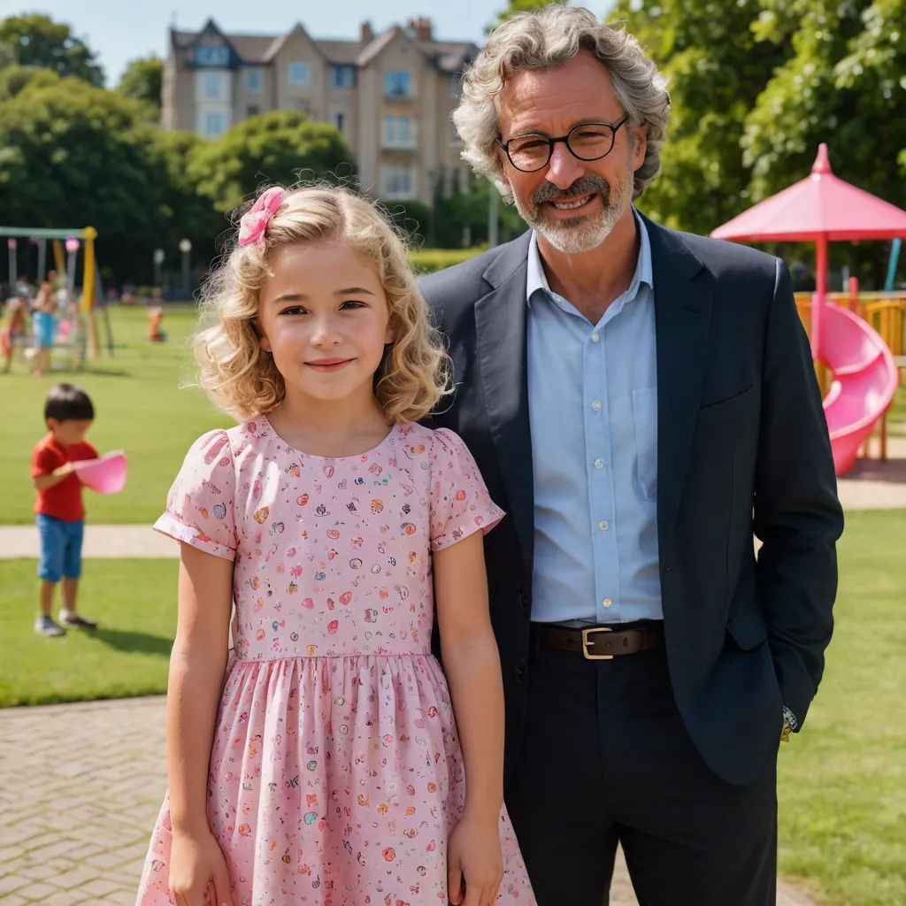 a man and a little girl standing next to each other in a park with a playground in the background, heidelberg school, a character portrait, David Annand, promotional image