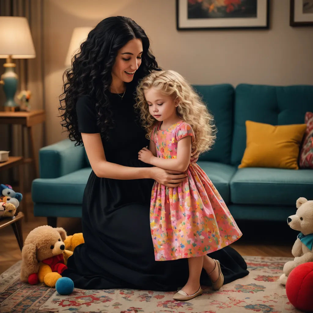 a woman and a little girl are sitting on the floor together in a living room with a blue couch, aestheticism, a stock photo, Ayshia Taşkın, promotional image