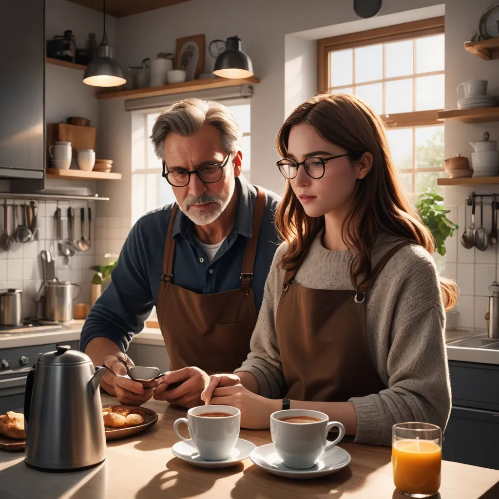 a man and a woman are looking at a cell phone in a kitchen with a cup of coffee and a plate of food, arbeitsrat für kunst, a stock photo, Christian Hilfgott Brand, professional food photography