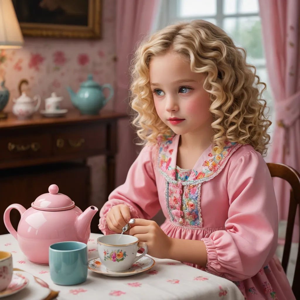 a little girl sitting at a table with a tea pot and cup in front of her and a tea kettle, art photography, a photorealistic painting, Celia Fiennes, young