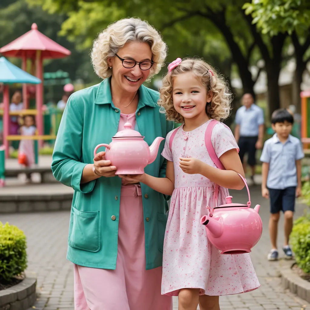 a woman and a little girl holding pink teapots and a pink watering can in a park area, naive art, a stock photo, Constance Copeman, blue and pink color scheme