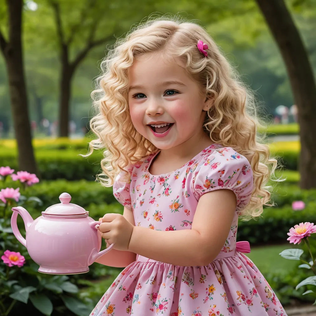 a little girl in a pink dress holding a pink teapot and smiling at the camera with a pink flowered bush in the background, rococo, a stock photo, Annabel Kidston, portrait photography