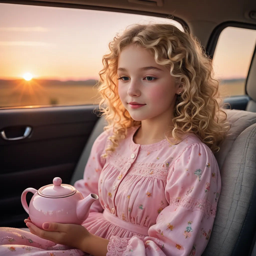 a little girl sitting in a car with a tea pot in her hand and a sunset in the background, art photography, a storybook illustration, Bob Byerley, cinematic photography