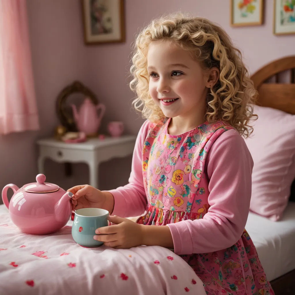 a little girl sitting at a table with a tea pot and a tea cup in her hand and smiling, arts and crafts movement, a storybook illustration, Annabel Kidston, promotional image