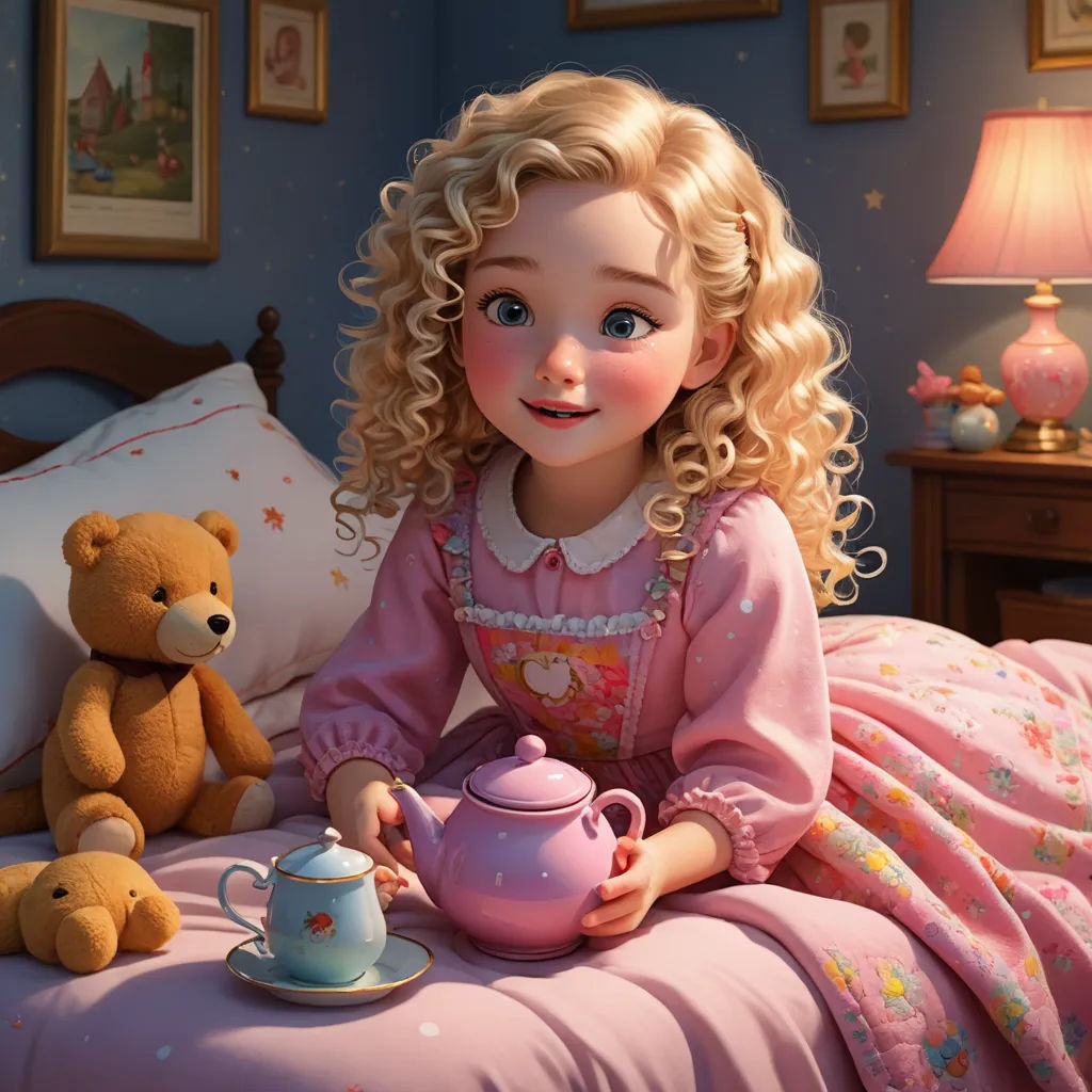 a little girl sitting on a bed with a teddy bear and a teapot in her hand and a teddy bear on the bed, photorealism, a storybook illustration, Caroline Lucy Scott, cgstudio