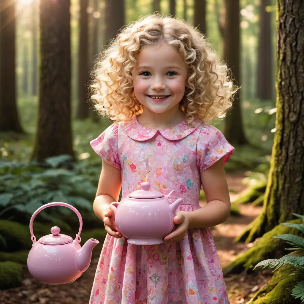 a little girl in a pink dress holding a pink teapot in a forest with ferns and trees in the background, arts and crafts movement, a storybook illustration, Annabel Kidston, product photography