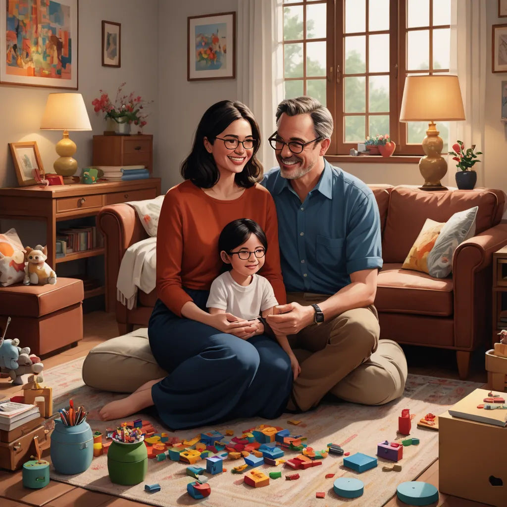 a man and woman sitting on a couch with a child in front of them and a child in the middle of the room, american scene painting, a storybook illustration, Chris LaBrooy, professional digital painting