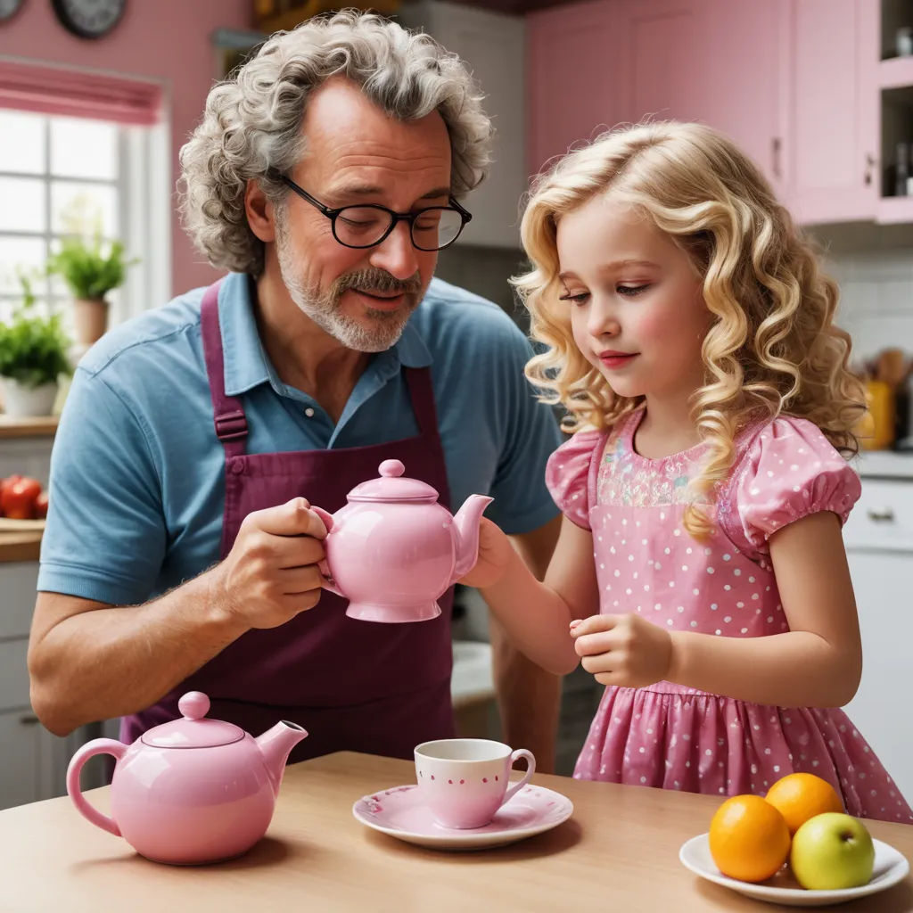 a man and a little girl are playing with a tea set on a table in a kitchen with pink cabinets, les automatistes, a stock photo, Christian Hilfgott Brand, professional food photography