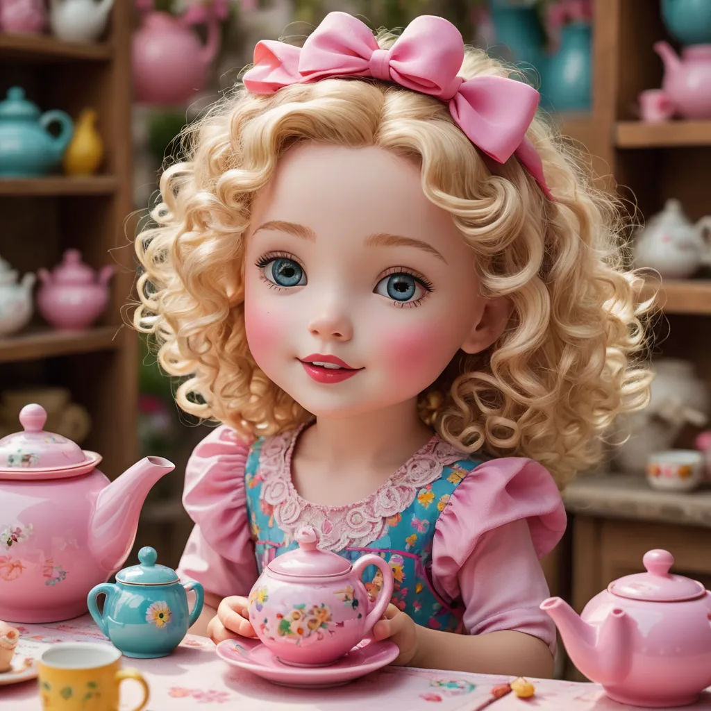 a doll with blonde hair sitting at a table with a tea set and a pink bow on her head, remodernism, a character portrait, Alice Prin, cgstudio