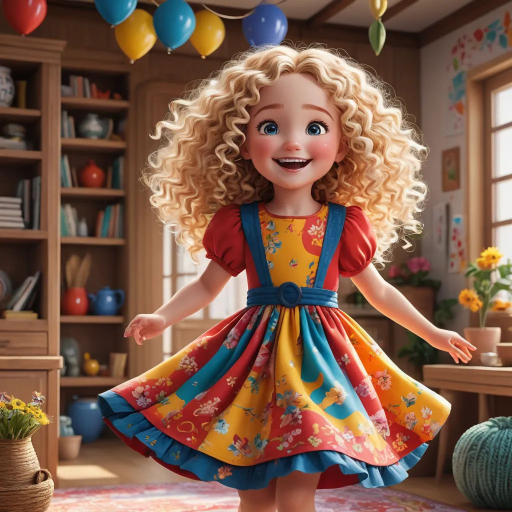 a cartoon girl in a dress is standing on a rug in a room with balloons and a table with a vase, photorealism, a storybook illustration, Caroline Lucy Scott, pixar and disney animation