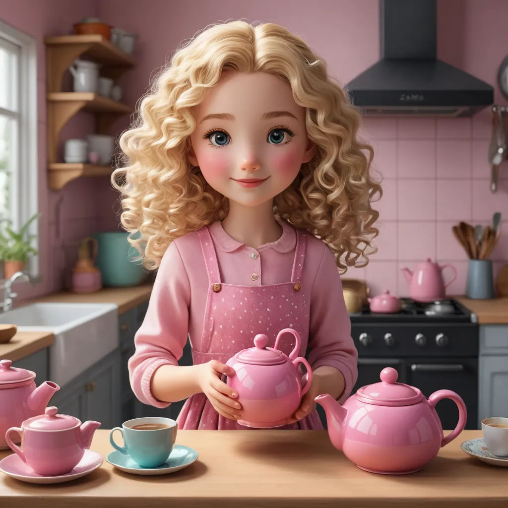 a painting of a girl with blonde hair holding a tea pot and kettle in a kitchen with pink walls, photorealism, a photorealistic painting, Caroline Lucy Scott, cgstudio