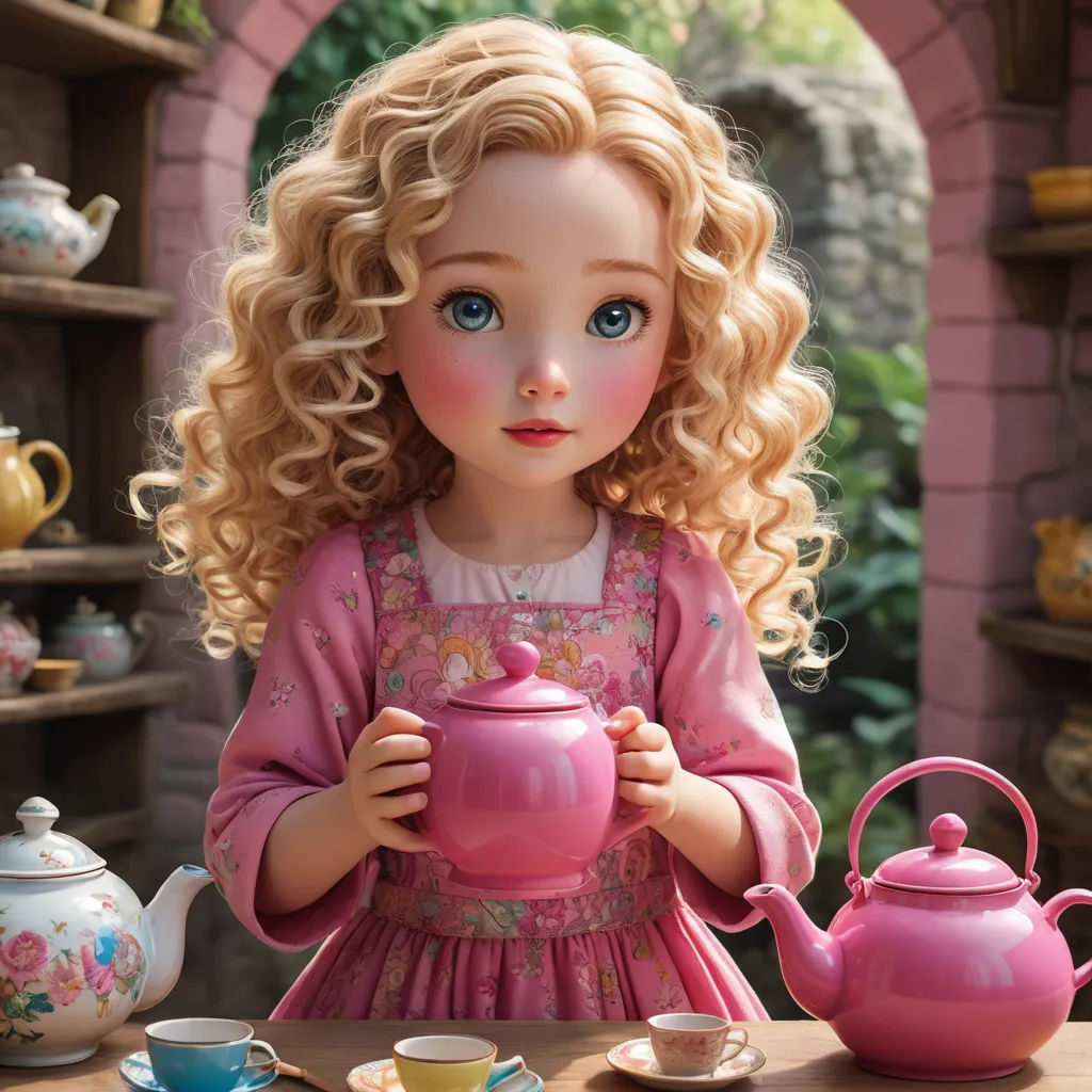 a doll with blonde hair holding a pink tea pot and kettle next to a teacup and teacup set, photorealism, a character portrait, Alice Prin, cgstudio