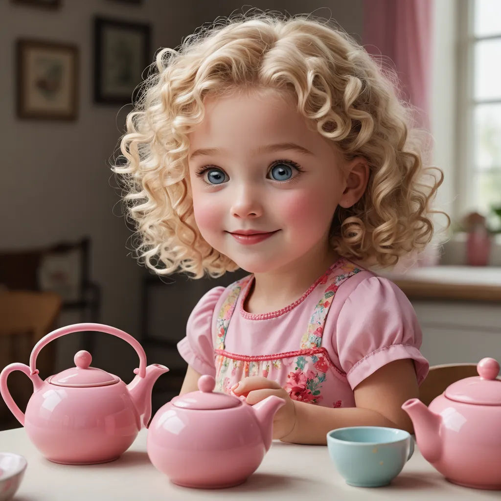 a little girl sitting at a table with a tea set and a cup of tea in front of her, photorealism, a stock photo, Celia Fiennes, cgstudio