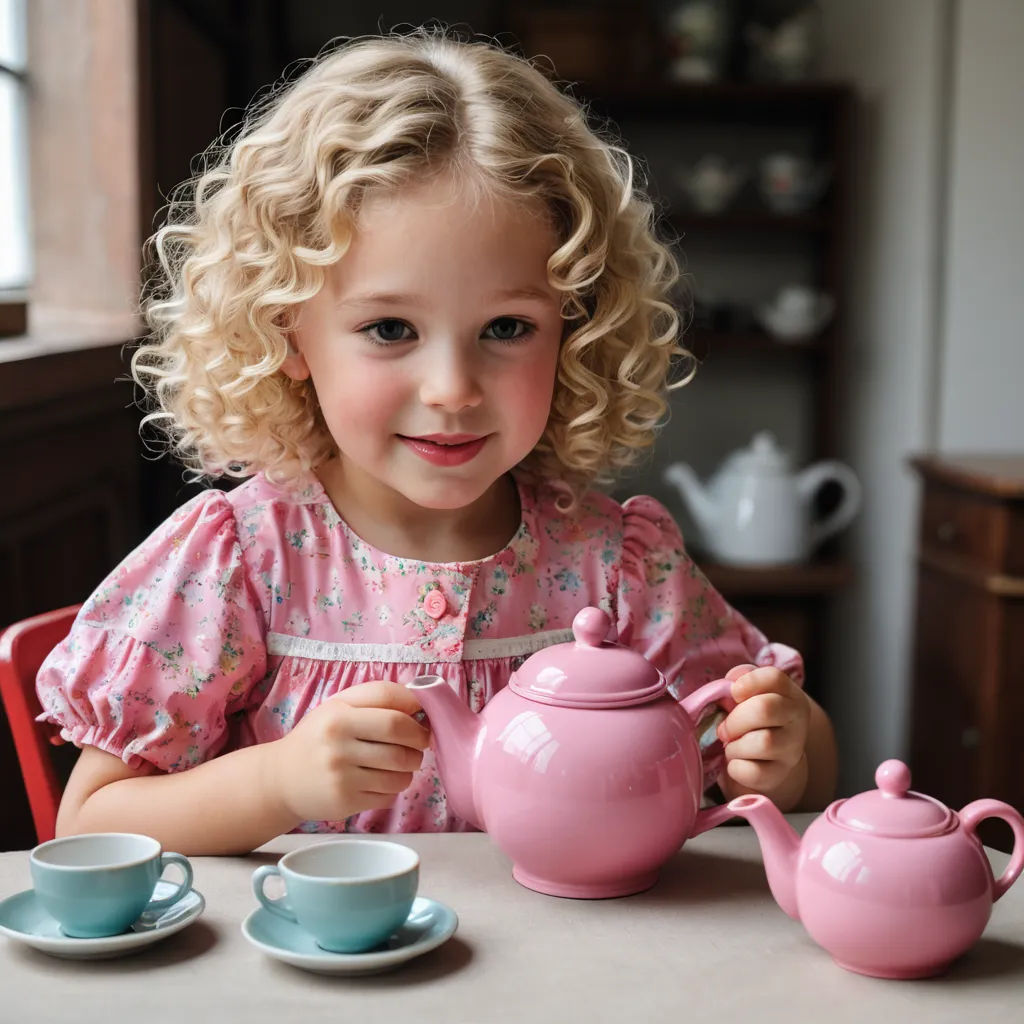 a little girl sitting at a table with a pink tea pot and teacups in front of her, arts and crafts movement, a stock photo, Annabel Kidston, product photo