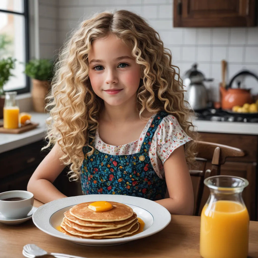 a little girl sitting at a table with a plate of pancakes and orange juice in front of her and a glass of orange juice, superflat, a stock photo, Brigette Barrager, food photography