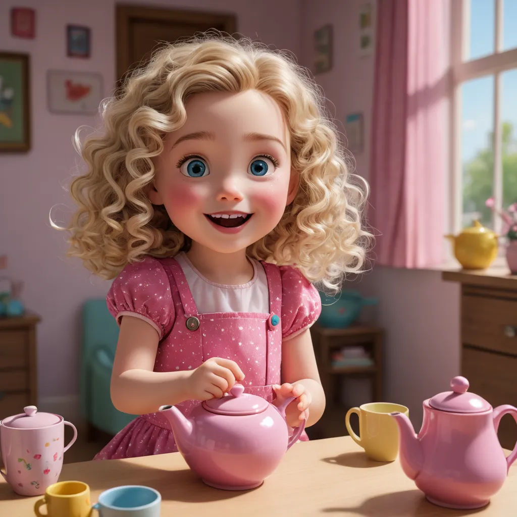 a doll with blonde hair is sitting at a table with tea pots and cups and a tea kettle in front of her, photorealism, a photorealistic painting, Caroline Lucy Scott, pixar and disney animation