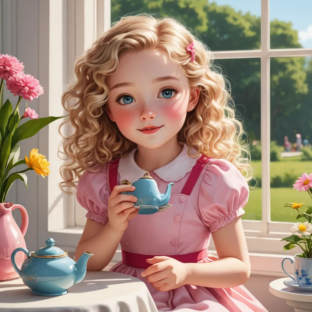 a painting of a little girl holding a teapot and a teacup in front of a window with flowers, photorealism, a photorealistic painting, Alice Prin, cgstudio