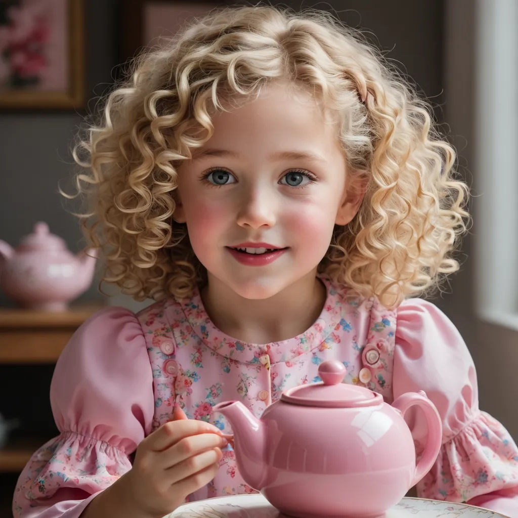 a little girl sitting at a table with a tea pot and a tea cup in front of her,, rococo, a photorealistic painting, Annabel Kidston, portrait photography